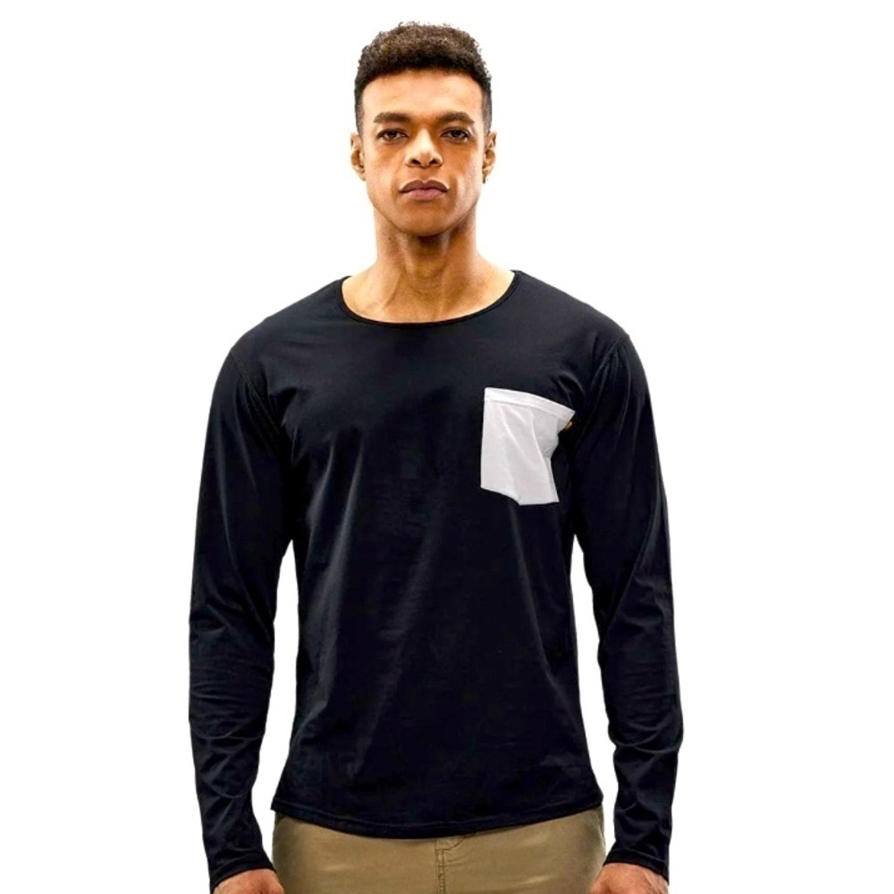Men’s T-Shirt MIER Long Sleeve Pocket Crew Neck Curved Hem Black/Gray Size-M NWT